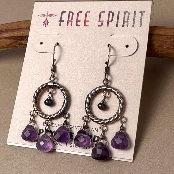 Peyote Bird Boho Gypsy Hoop Earrings Amethyst & Pearl Drops Sterling Silver NWT - Picture 9 of 12